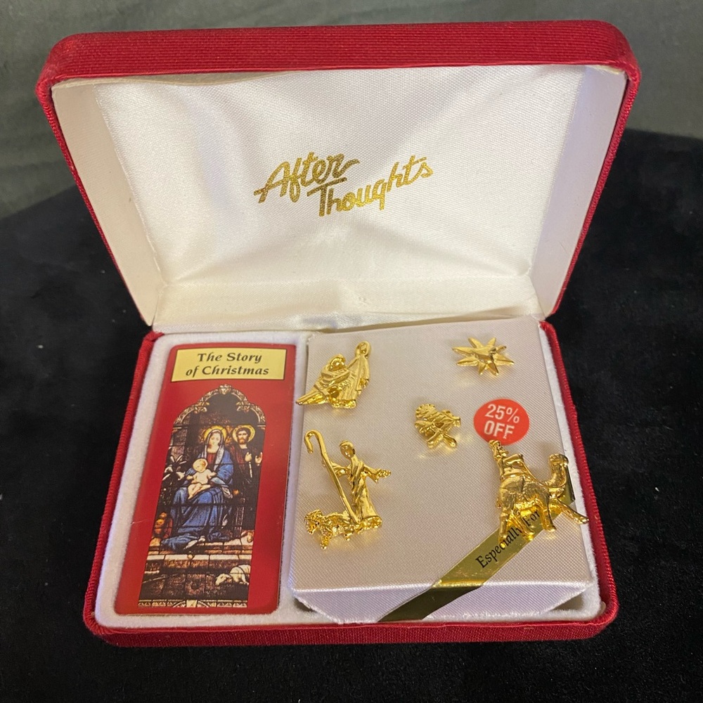 Afterthoughts Jewelry The Story of Christmas pins.